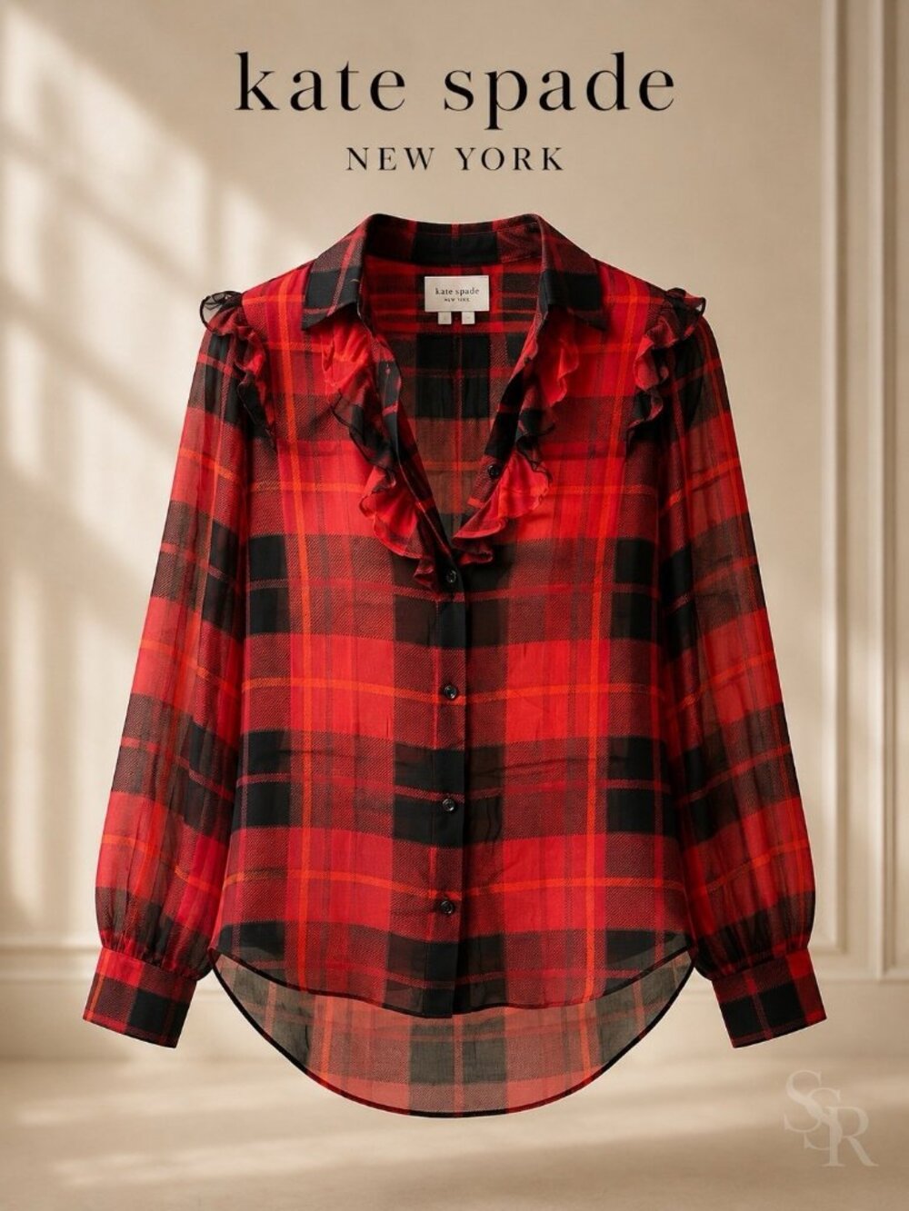 Kate Spade New York Woodland Plaid 100% Silk Chiffon Ruffle Blouse NWT Size 10